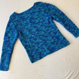 Handmade Crochet Sweater Blue Teal Variegated Knit Long Sleeve Crew Neck